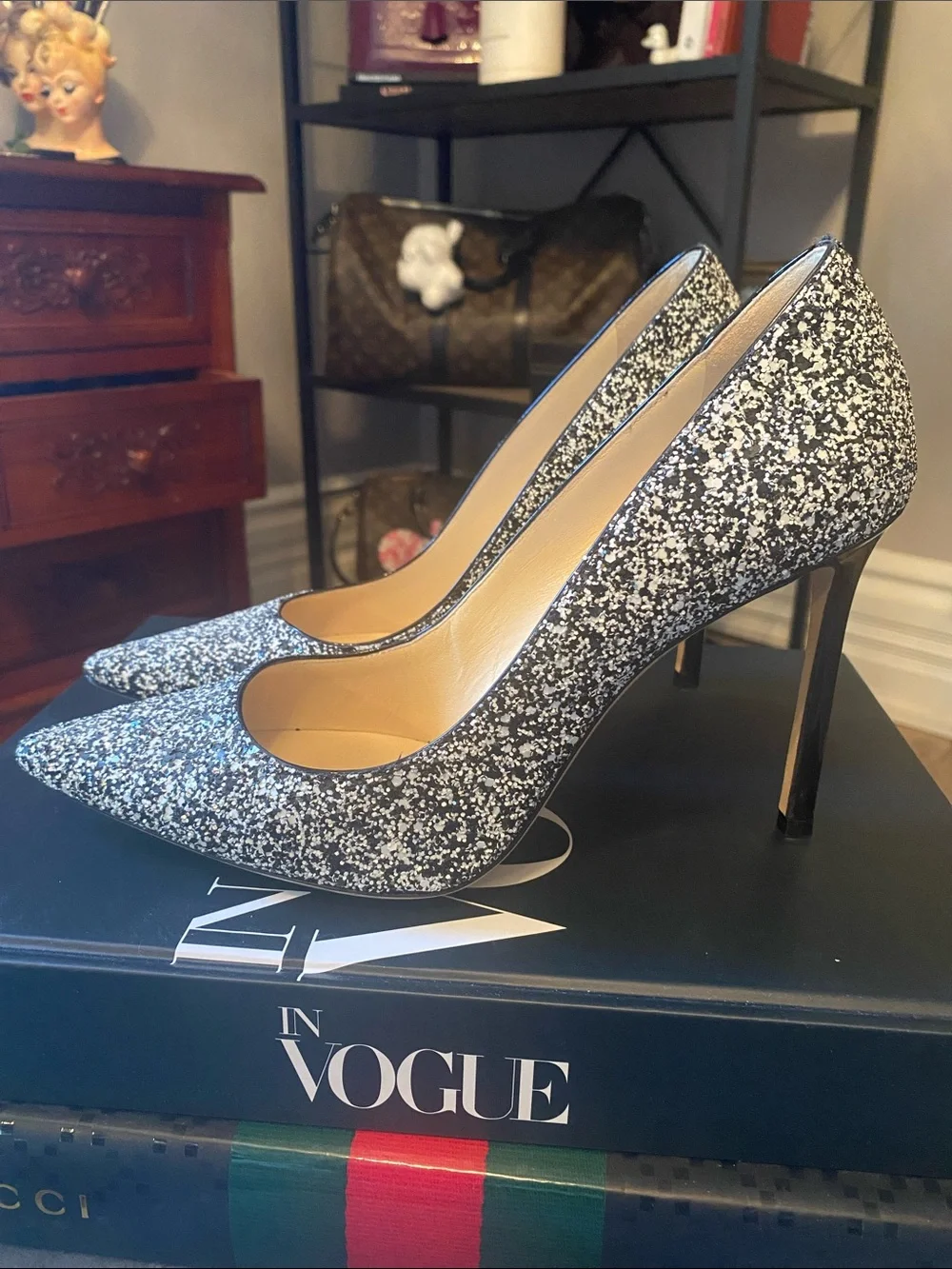 Jimmy Choo Silver Glitter Pointed Pumps - Picture 2 of 4